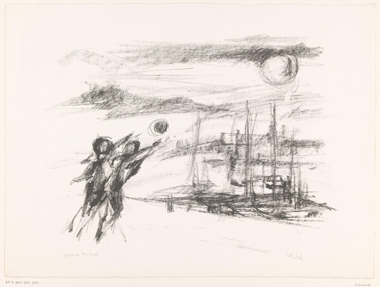 Ludzie na nabrzeżu ze statkami autorstwa unknown (signed by artist)