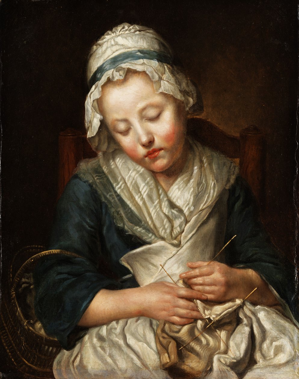 Endormie tricoteuse. (Dziewczyna zasnęła podczas robienia na drutach). autorstwa workshop of Jean Baptiste Greuze