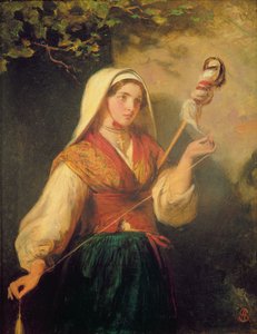 Młoda kobieta przędzenia wełny