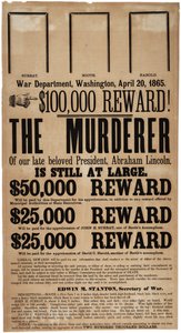 Plakat nagrody za zabójstwo Lincolna, 20 kwietnia 1865 r