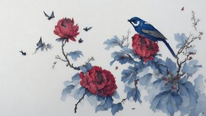 obraz tuszem: PIWONIA w kolorze niebieskim_01