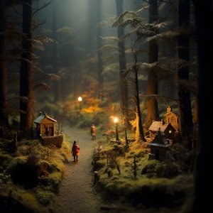Miniaturowy Halloweenowy las z przesunięciem pochylenia z zamglonymi drzewami i upiorną atmosferą 1