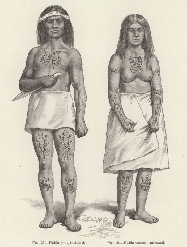 Wytatuowana kobieta i mężczyzna Haida (grawerunek) autorstwa (after) American School