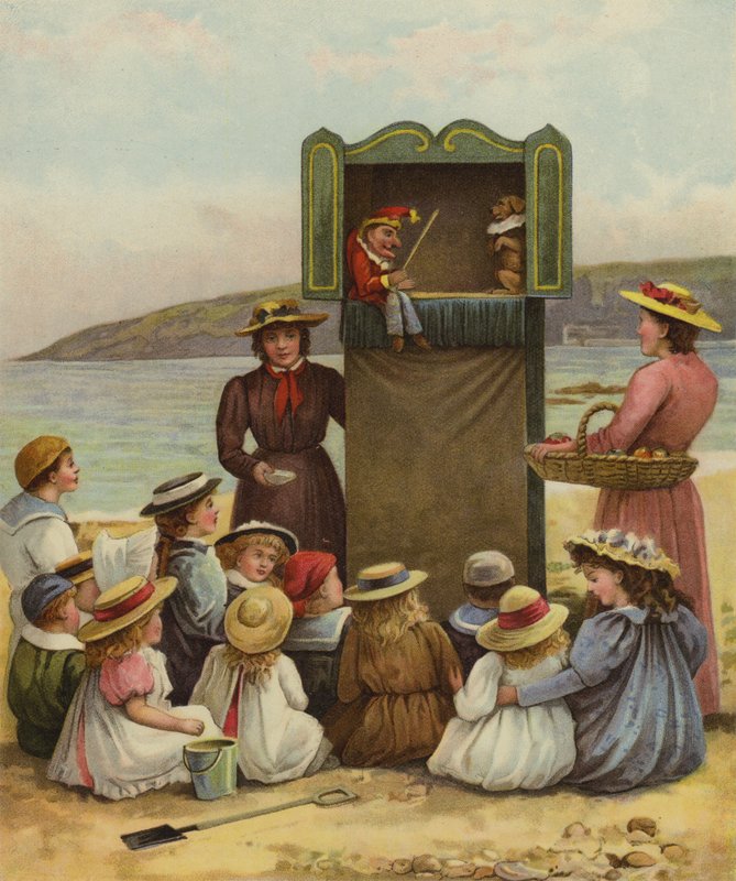 Dzieci oglądające program Punch and Judy na plaży? autorstwa English School