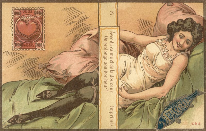 April Fools Card z półleżącą kobietą autorstwa French School
