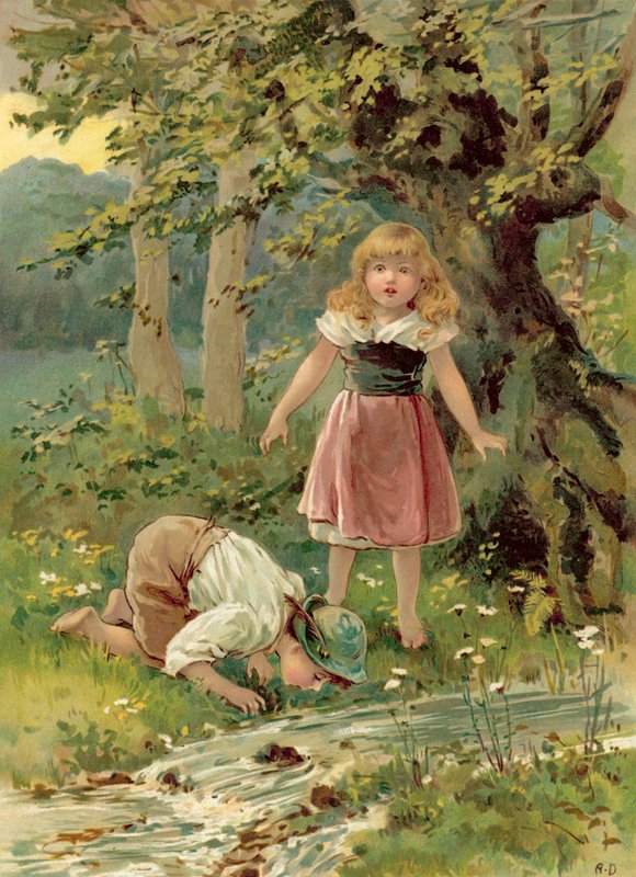 Brat pijący z potoku (chromolitho) autorstwa Ada Dennis
