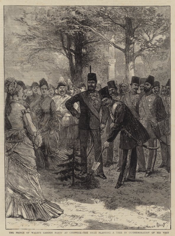 Garden Party księcia Walii w Chiswick, szach sadzi drzewo na pamiątkę swojej wizyty autorstwa Adrien Emmanuel Marie
