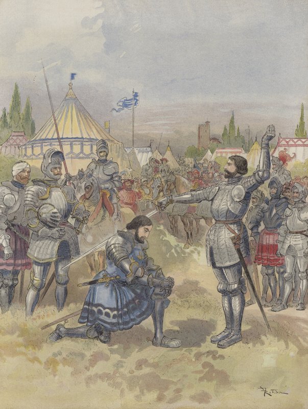 Bayard uzbraja rycerza Francois I autorstwa Albert Robida