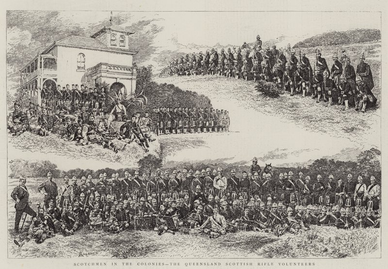 Szkoci w koloniach, ochotnicy szkockich karabinów z Queensland autorstwa Alfred Chantrey Corbould