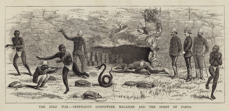Wojna Zulusów, magazyn prochowy Cetewayo i duch pandy autorstwa Alfred Chantrey Corbould