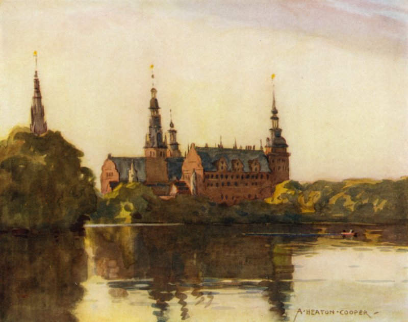 Dania: Zamek Frederiksborg (kolor lito) autorstwa Alfred Heaton Cooper