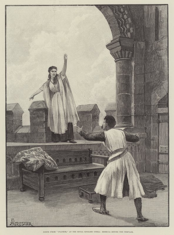 Scena z Ivanhoe, w Royal English Opera, Rebecca przeciwstawia się templariuszom autorstwa Amedee Forestier