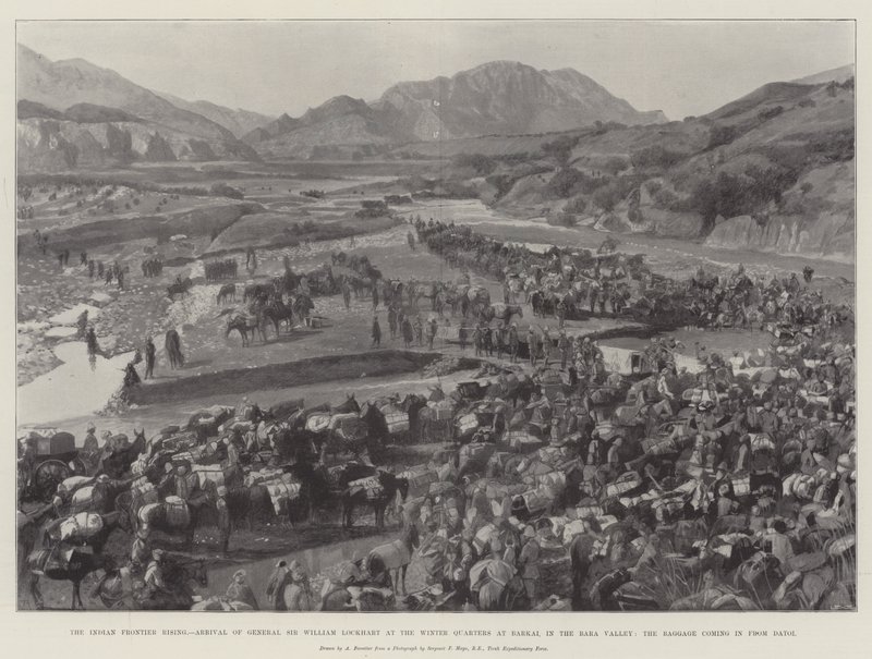 Indian Frontier Rising, przybycie generała Sir Williama Lockharta do kwater zimowych w Barkai, w dolinie Bara, bagaż przybywający z Datoi autorstwa Amedee Forestier