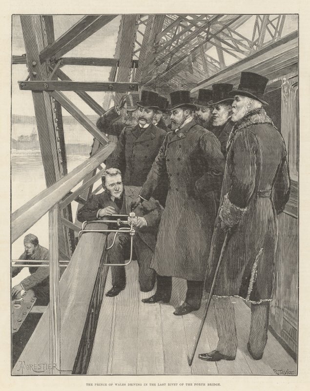 Książę Walii jadący ostatnim nitem na Forth Bridge autorstwa Amedee Forestier