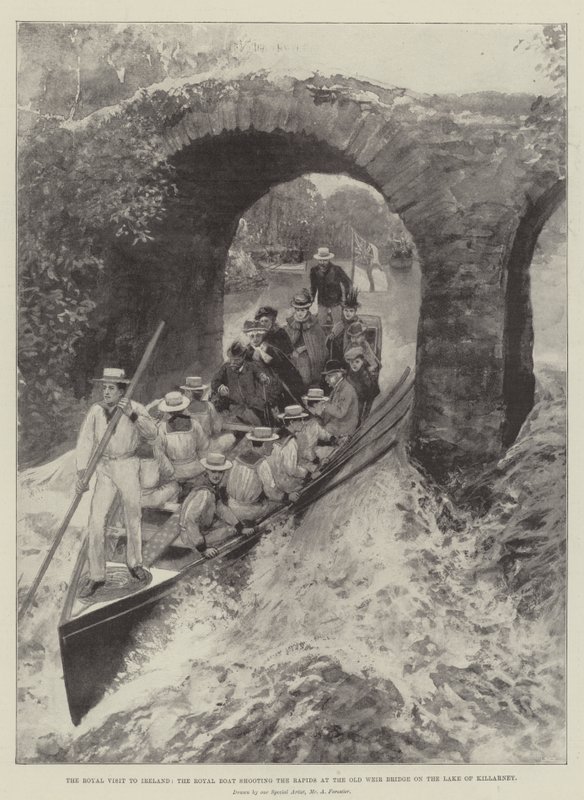 Królewska wizyta w Irlandii, królewska łódź strzelająca do Rapids przy moście Old Weir na jeziorze Killarney autorstwa Amedee Forestier