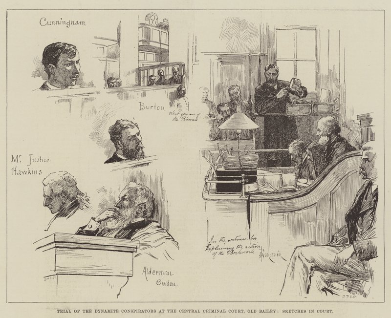 Dinamito sąmokslininkų teismas Centriniame baudžiamajame teisme, Old Bailey, Sketches in Court poli autorstwa Amedee Forestier