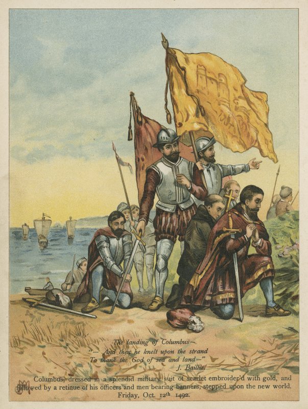 Kolumb przybywa do Nowego Świata (chromolitho) autorstwa Andrew Melrose