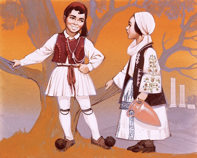 Greckie dzieci w strojach narodowych autorstwa Angus McBride