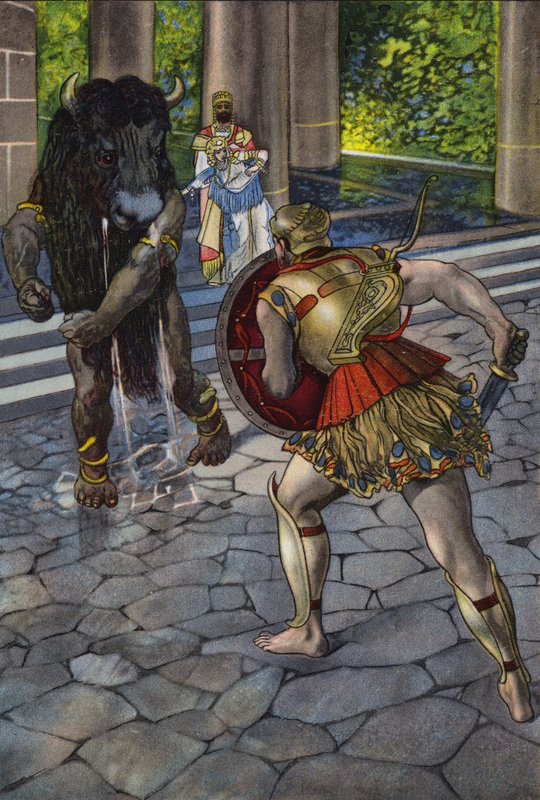 Herakles konfrontujący się z Minotaurem (kolor lito) autorstwa Artus Scheiner