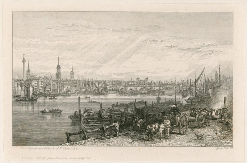 Budowa mostu New London Bridge, 1826 r. autorstwa Augustus Wall Callcott