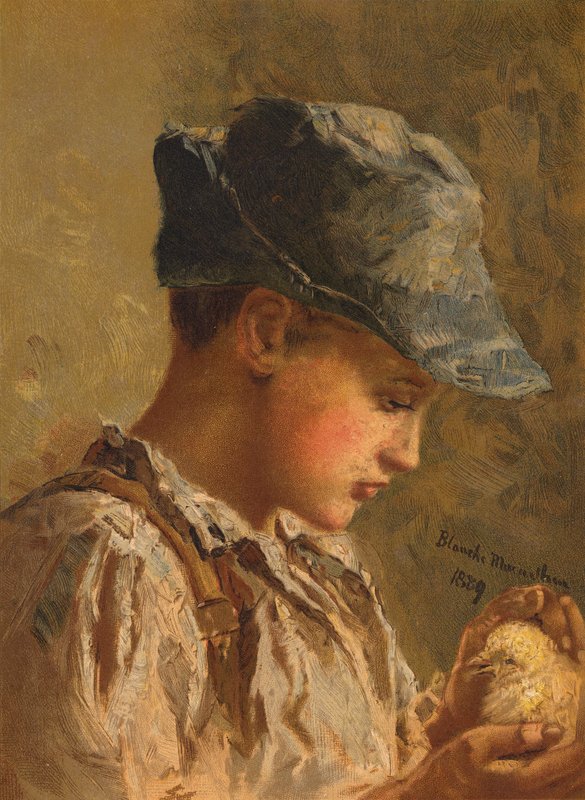 Chłopiec z ptakiem (chromolitho) autorstwa Blanche F. MacArthur