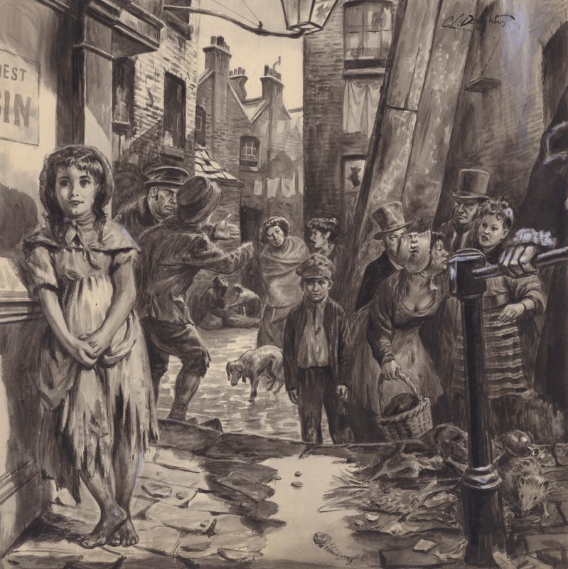 Scena z wiktoriańskich slumsów (gwasz na papierze) autorstwa C.L. Doughty