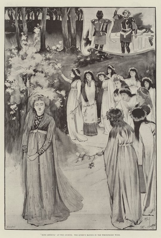 Król Artur, w Liceum, Maja Królowej w Lesie Whitethorn autorstwa Cecil Charles Windsor Aldin