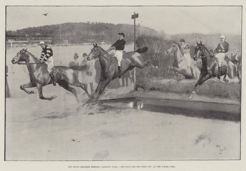 Grand Military Meeting, Sandown Park, Wyścig o Złoty Puchar, na skoczni Water Jump autorstwa Cecil Charles Windsor Aldin