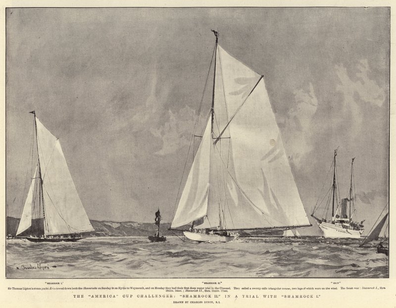 America Cup Challenger, Shamrock II w próbie z Shamrock I autorstwa Charles Edward Dixon