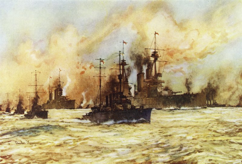Pancernik Indomitable holujący ranny pancernik Lion po bitwie o Dogger Bank, 24 stycznia 1915 r. autorstwa Charles Edward Dixon
