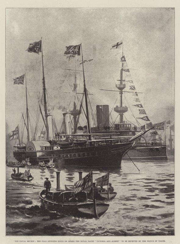 Przegląd Marynarki Wojennej, oficerowie flagowi wchodzą na pokład Królewskiego Jachtu Victoria i Albert, gdzie zostają przyjęci przez Księcia Walii. autorstwa Charles John de Lacy