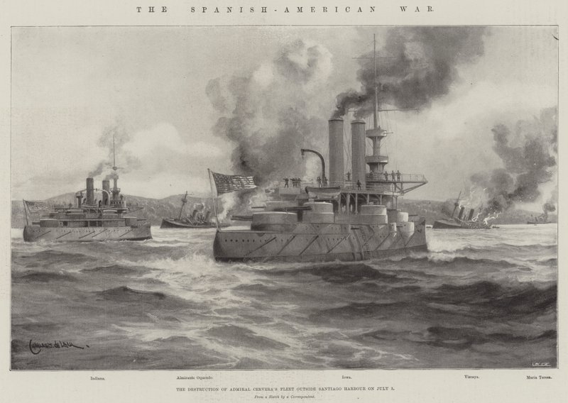 Wojna hiszpańsko-amerykańska, zniszczenie floty admirała Cervery poza portem Santiago w dniu 3 lipca autorstwa Charles John de Lacy