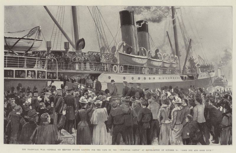 Wojna Transwalu, generał Sir Redvers Buller wyruszył na Przylądek przy zamku Dunnottar w Southampton 14 października, do widzenia i powodzenia! autorstwa Charles John de Lacy