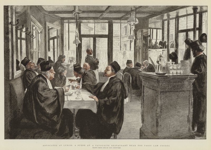 Adwokaci podczas lunchu, scena w ulubionej restauracji w pobliżu paryskich sądów (chromolitho) autorstwa Charles Paul Renouard