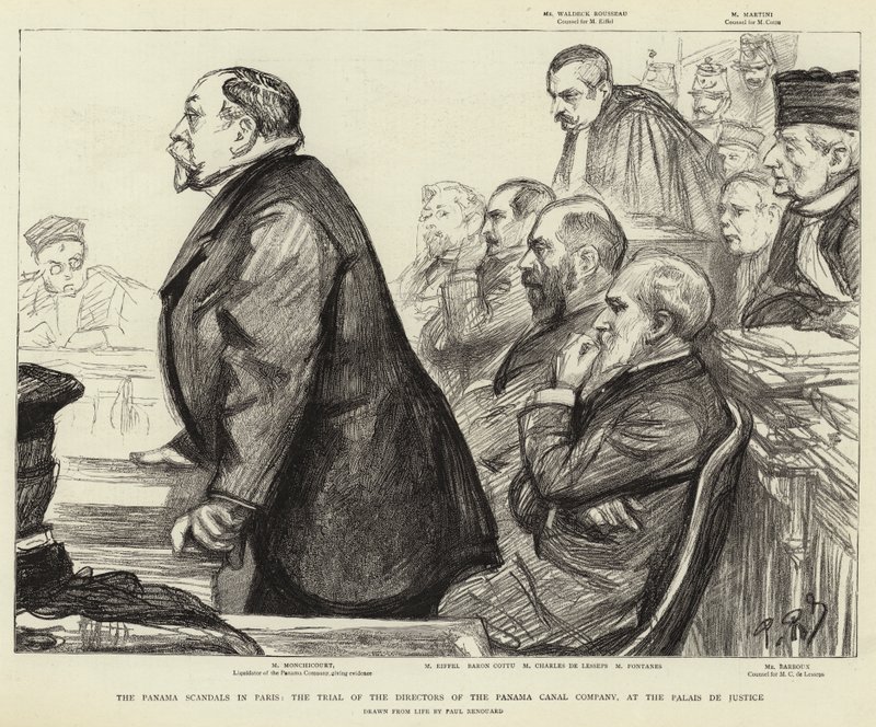 Skandale panamskie w Paryżu, proces dyrektorów Kompanii Kanału Panamskiego w Palais de Justice autorstwa Charles Paul Renouard
