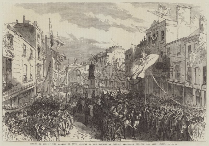Narodziny markiza Bute, przybycie markiza do Cardiff, procesja przez High Street autorstwa Sir John Charles Robinson