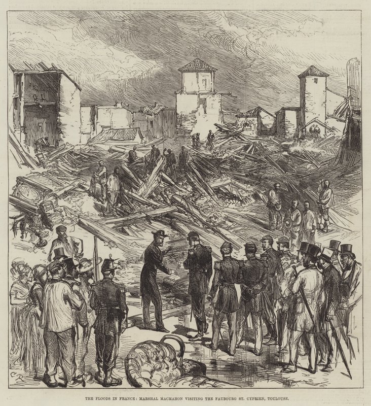 Powodzie we Francji, marszałek Macmahon z wizytą w Faubourg St Cyprien, Tuluza autorstwa Sir John Charles Robinson