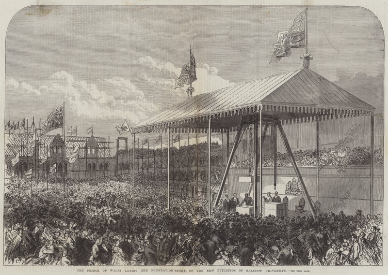 Książę Walii kładzie kamień węgielny pod nowe budynki Uniwersytetu w Glasgow autorstwa Sir John Charles Robinson