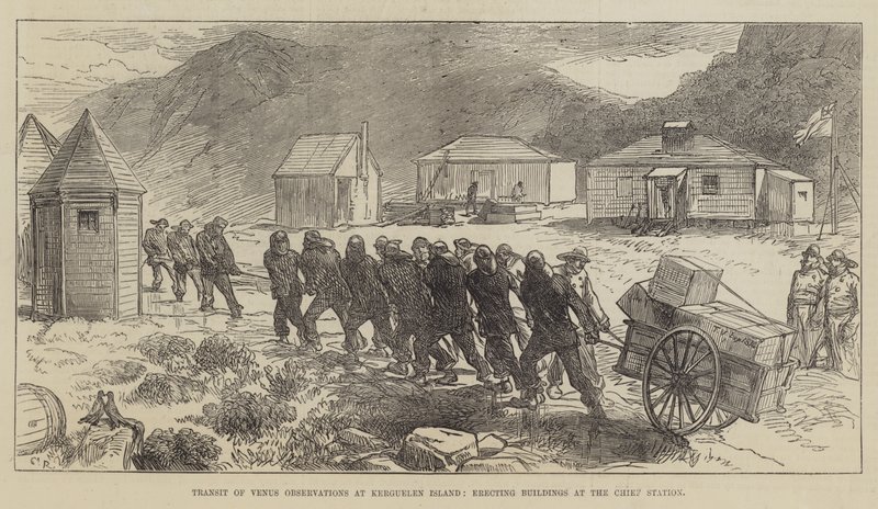Tranzyt Obserwacji Wenus na Wyspie Kerguelen, wznoszenie Budynków na Stacji Głównej autorstwa Sir John Charles Robinson