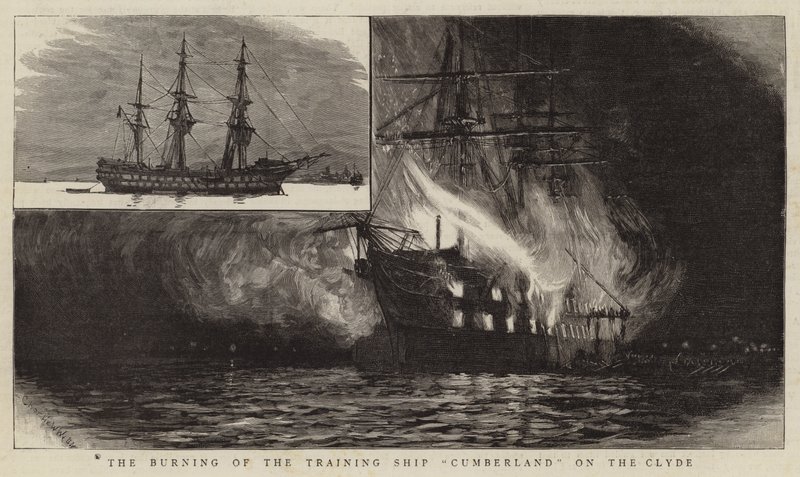 Spalenie statku szkoleniowego Cumberland na Clyde autorstwa Charles William Wyllie