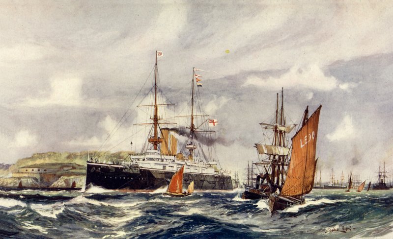 HMS Groźny w Plymouth Sound autorstwa Charles Edward Dixon
