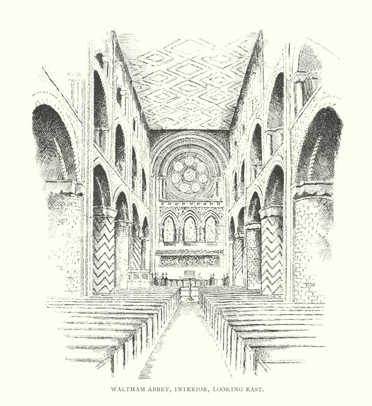 Waltham Abbey, Wnętrze, patrząc na wschód (litografia) autorstwa Duncan Moul