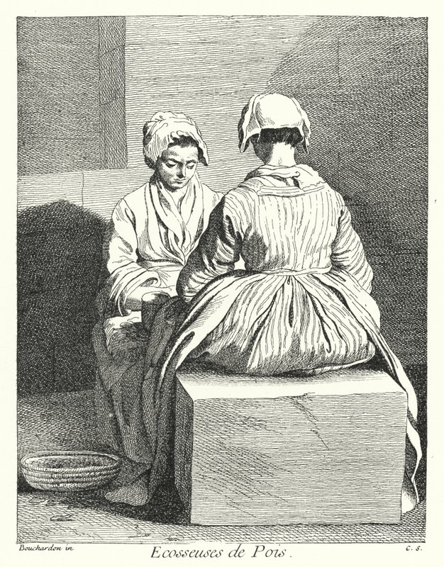 Łuskacze grochu (grawerowanie) autorstwa Edmé (after) Bouchardon