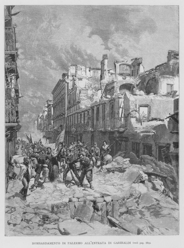Bombardowanie Palermo przy wejściu Garibaldi (grawerowanie) autorstwa Edouardo Matania