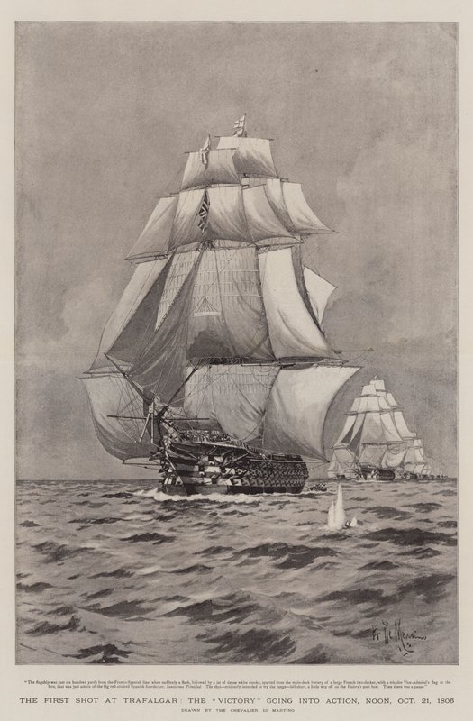 Pierwszy strzał pod Trafalgarem, Victory wkracza do akcji, południe, 21 października 1805 r. autorstwa Eduardo de Martino