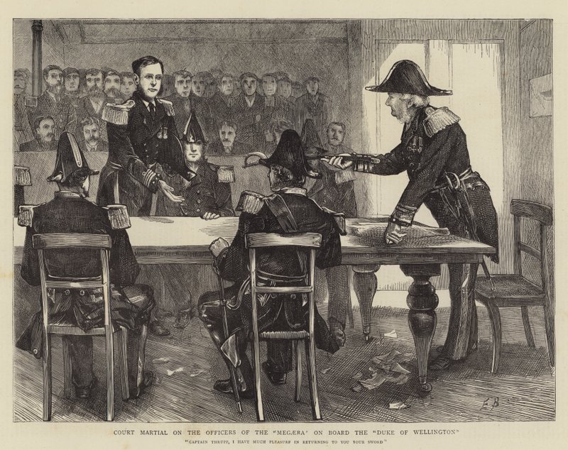 Sąd wojenny nad oficerami Megery na pokładzie "Duke of Wellington autorstwa Edwin Buckman