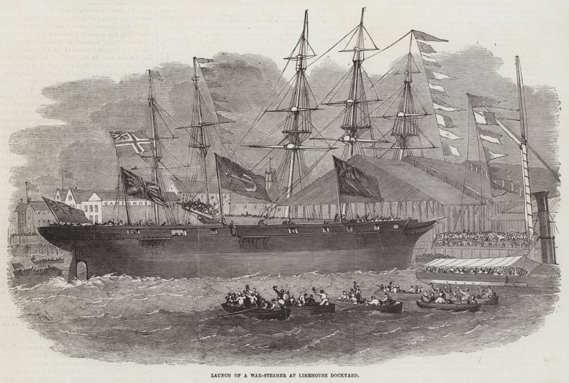 Uruchomienie parowca wojennego w stoczni Limehouse Dockyard autorstwa Edwin Weedon