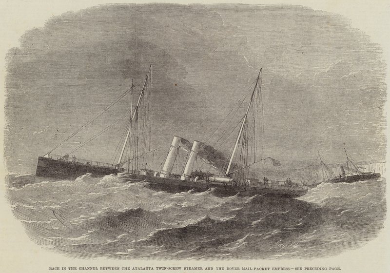 Wyścig w kanale La Manche między parowcem Atalanta Twin-Screw a statkiem pocztowo-paczkowym Dover Mail-Packet Empress autorstwa Edwin Weedon