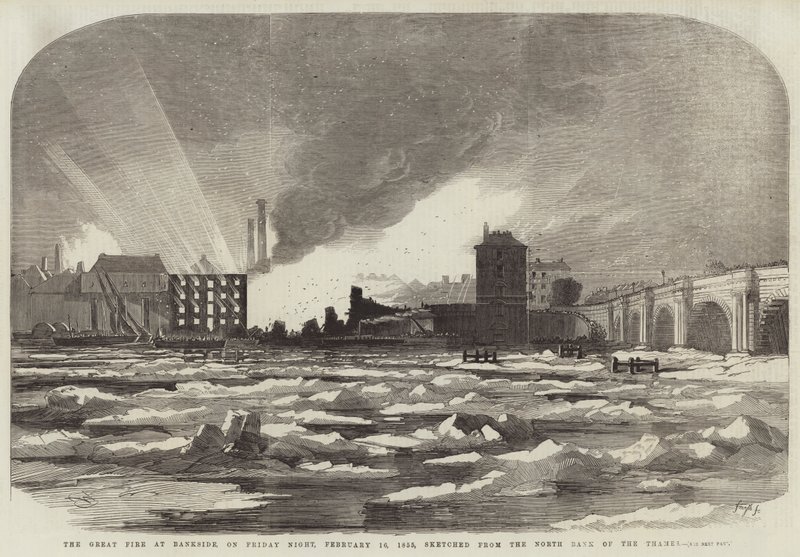 Wielki pożar w Bankside, w piątek wieczorem, 16 lutego 1855, naszkicowany z północnego brzegu Tamizy autorstwa Edwin Weedon