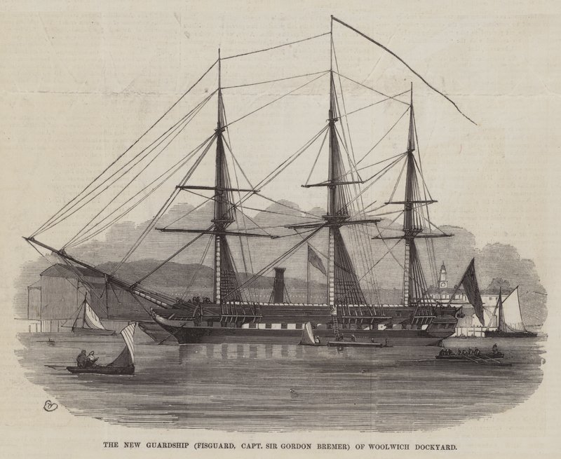 Nowy statek gwardii (Fisguard, kapitan Sir Gordon Bremer) z Woolwich Dockyard autorstwa Edwin Weedon
